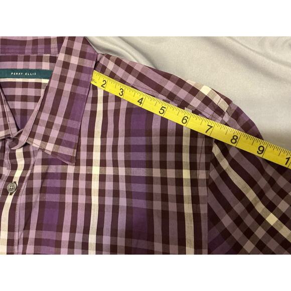 PERRY ELLIS Men's Shirt Large Violet white Plaid Short Sleeve Linen Cotton - Picture 5 of 8